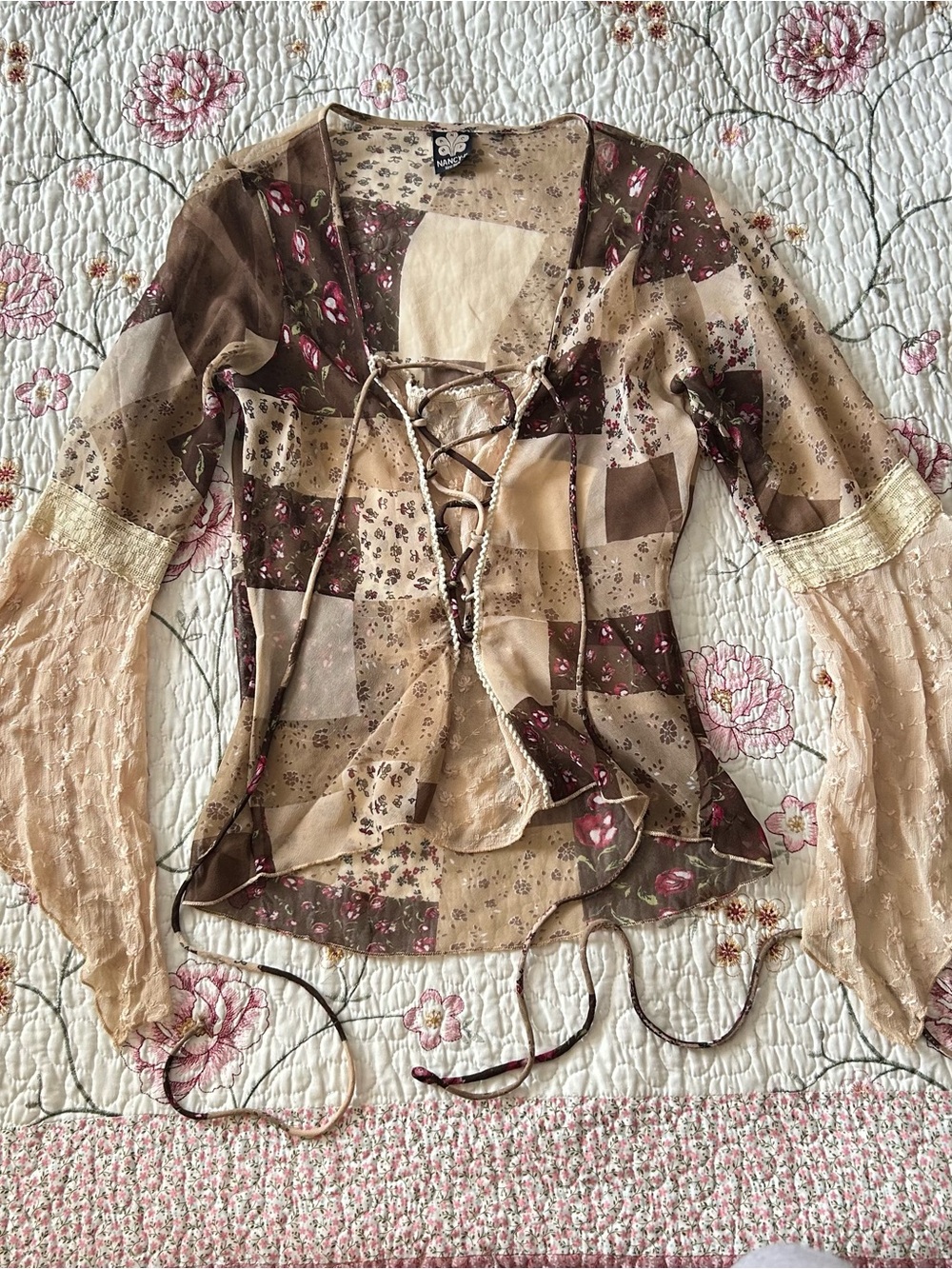 Sheer Patchwork Lace-Up Peasant Blouse - Brown & Cream